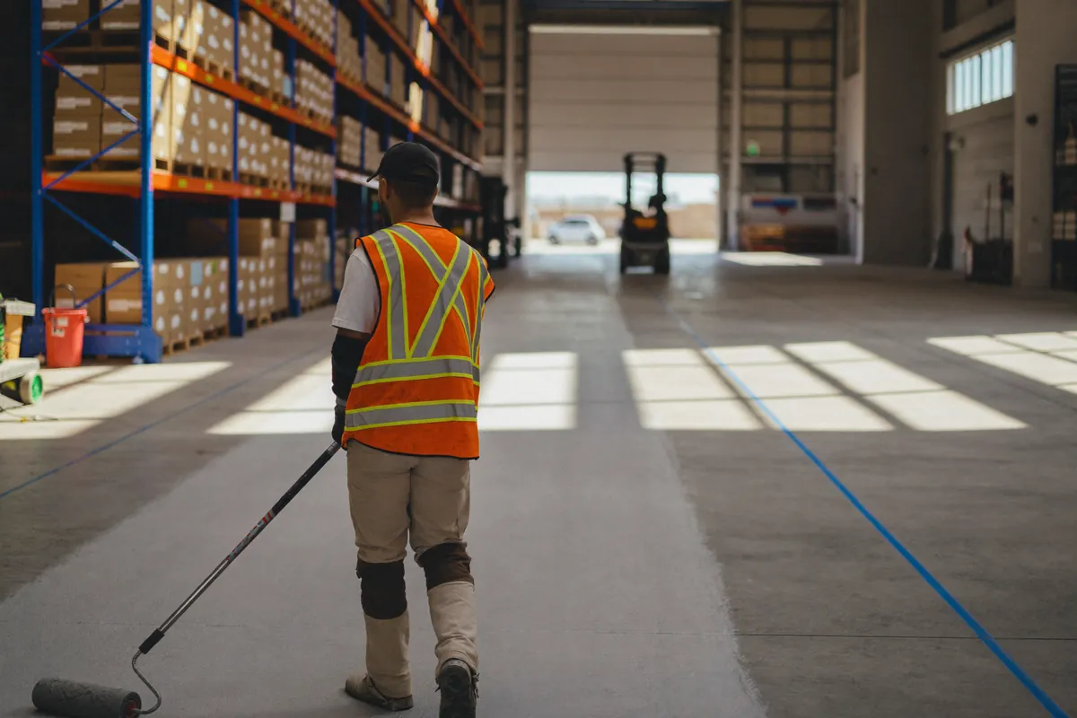 Worker rolling epoxy in a warehouse aisle