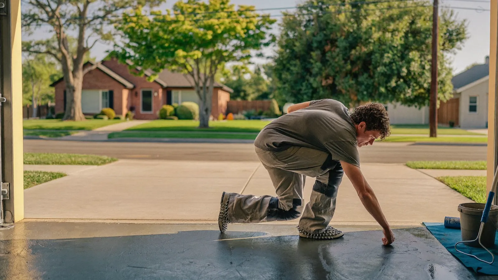 Installer spreading epoxy base coat in an open two-car garage