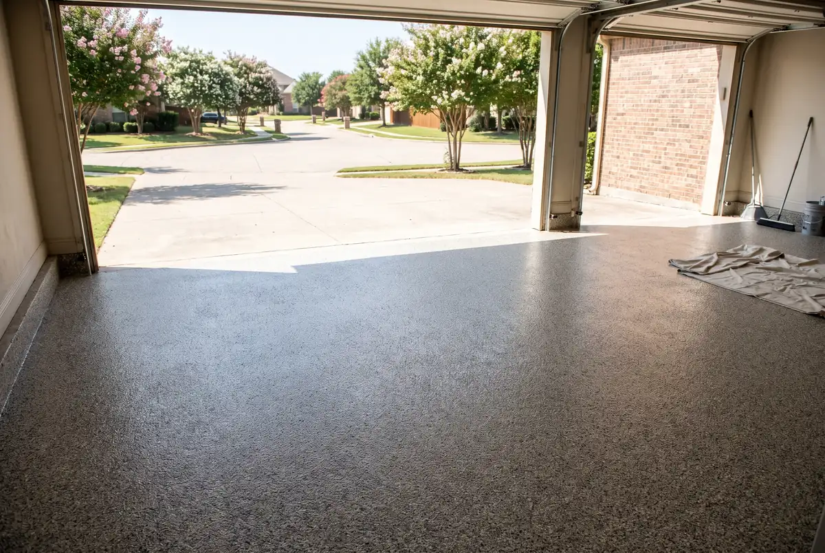 Finished flake epoxy floor in a three-car garage