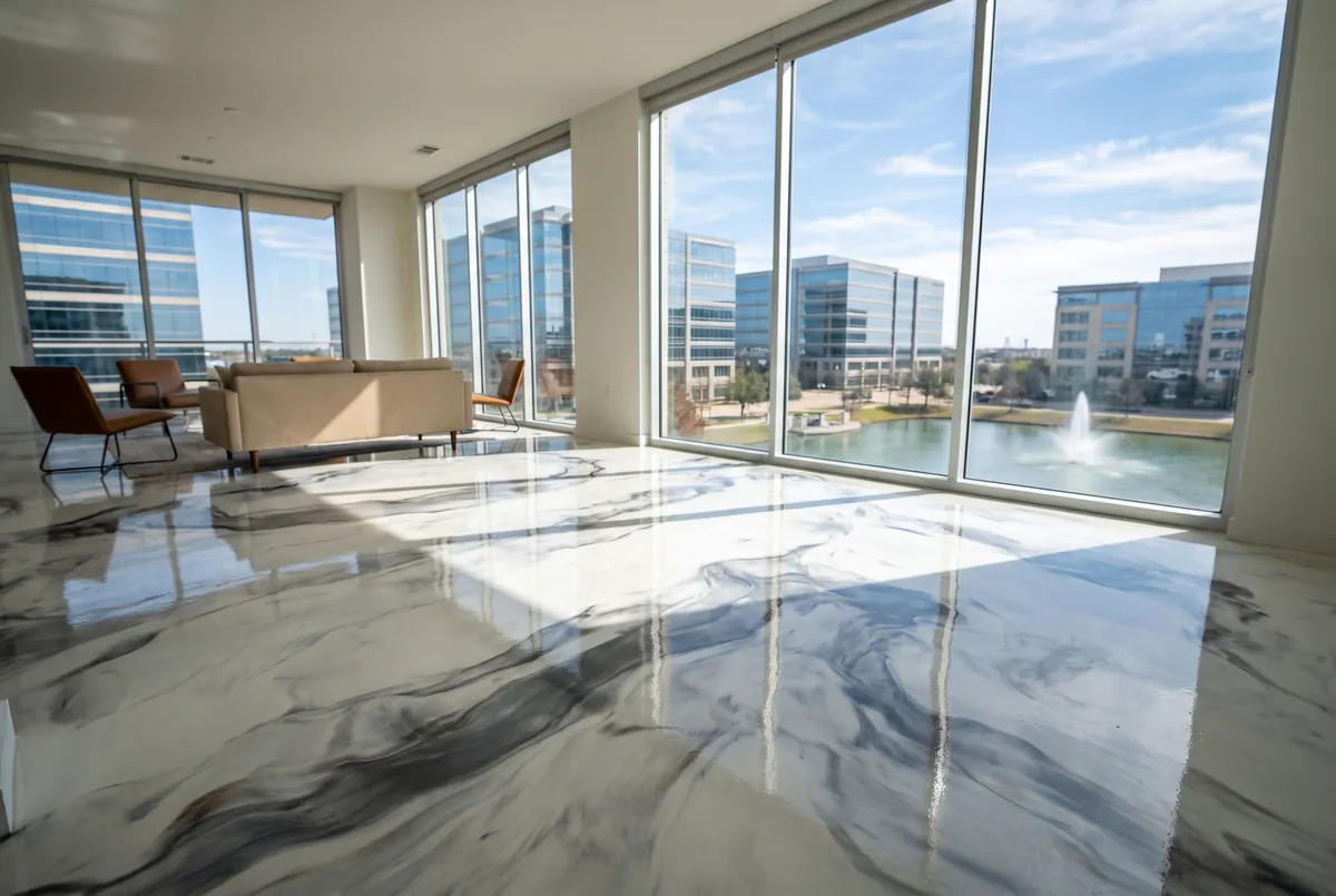 Pearl and charcoal metallic epoxy floor in a living room