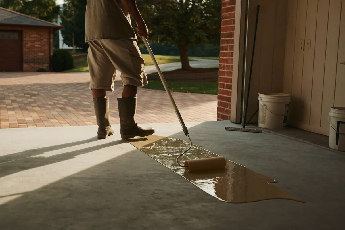 Installer rolling a clear topcoat across a garage floor